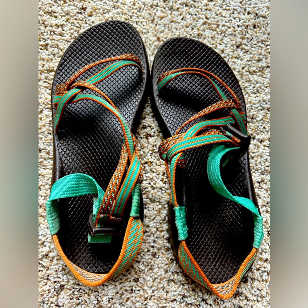 Sea green/orange Chacos